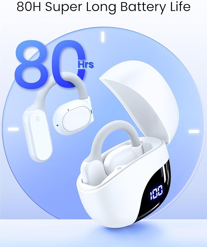 TAGRY Open Ear Earbuds Wireless Bluetooth Headphones 80Hrs Playtime Ear Buds with Earhooks IPX7 Waterproof Touch Control Earphones Sport Headsets for Workout Running White