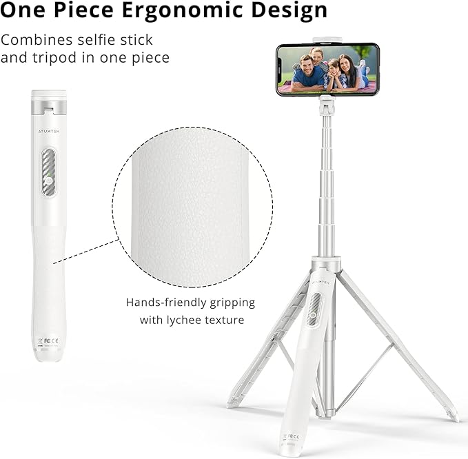ATUMTEK 51" Selfie Stick Tripod, All in One Extendable Phone Tripod Stand with Bluetooth Remote 360° Rotation for iPhone and Android Phone Selfies, Video Recording, Vlogging, Live Streaming, White