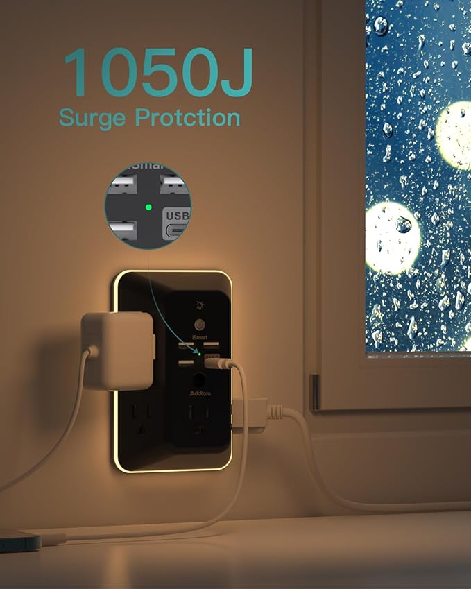 Surge Protector, Outlet Extender with Night Light, Addtam 5-Outlet Splitter and 4 USB Ports(1 USB C), Multi Plug Wall Outlet for Home Office Dorm Room Essentials Black