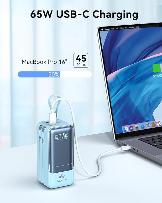 Portable Charger, 65W Power Bank Fast Charging, USB C Battery Pack with Built in Cable, 4 Outputs Powerbank, Travel Essentials Compatible with iPhone 17 16 15 14 13 iPad MacBook Pro Samsung Dell XPS