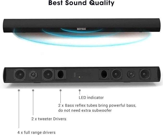 BESTISAN Sound Bar, 100Watt Soundbar for TV, Wired & Wireless Bluetooth 5.0 Sound Bar(40 Inch, 6 Drivers, Optical, HDMI-ARC)