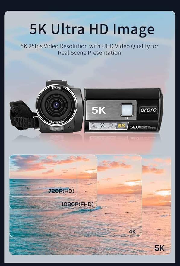 ORDRO 5K Night Vision Camcorder 30MP 24FPS Vlogging Camera 3.0" IPS Touch Screen Digital Camera with IR Light,Remote Control, Handheld Holder,32G Memory Card