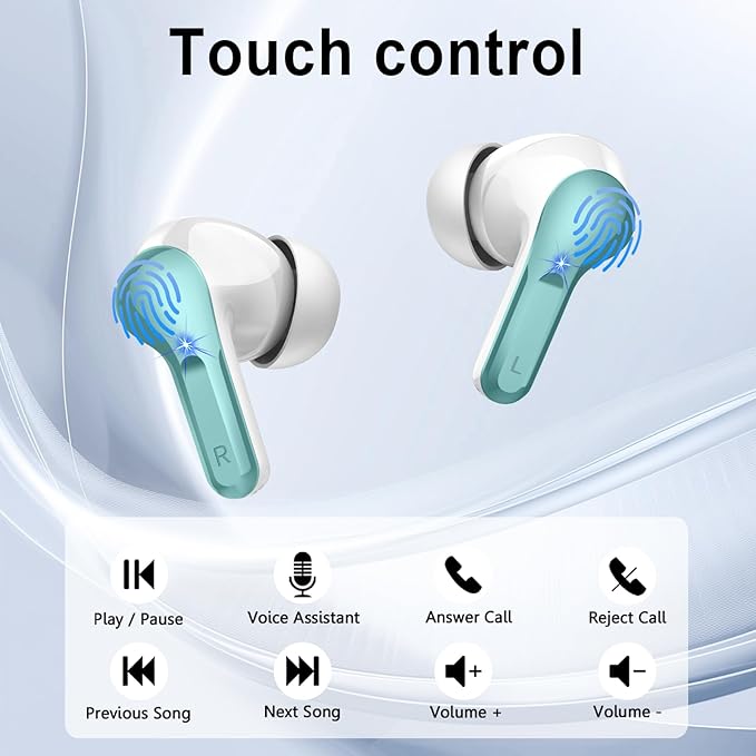 Wireless Earbuds, Bluetooth Headphones 5.4 HiFi Stereo, Ear Buds with 4 ENC Noise Cancelling Mics, 48H Bluetooth Earbuds with Dual LED Display, IP7 Waterproof in Ear Earphones for Android iOS, Cyan