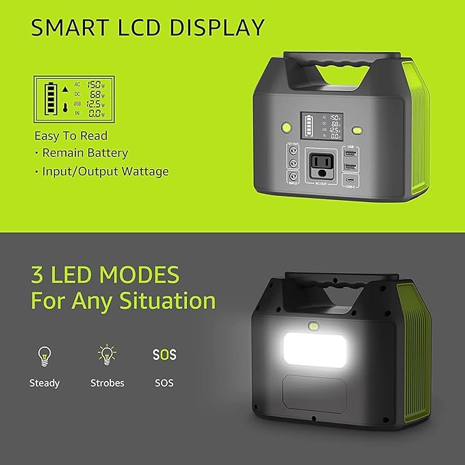 EnginStar 155Wh Power Bank 150Wh Portable Power Station 110v Battery Pack 6 Outputs w/AC Outlet LED Light for Outdoor Camping Road Trip Emergency
