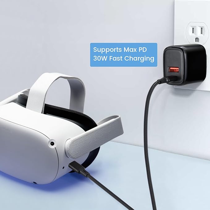 PD 30W USB C Fast Charger Compatible with Meta Quest 3 3S - Dual Port USB + Type C Adapter with 6.6ft C to C Charging Cable for Oculus Quest 2 VR Headset