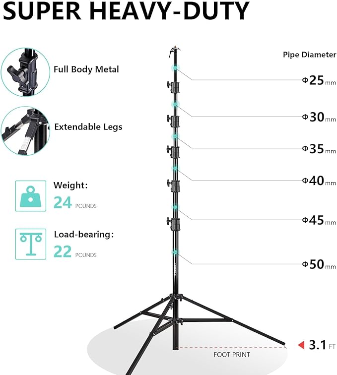 RAUBAY 24' Tall Tripod Stand, Extreme Tall Heavy Duty Sports Camera Video Tripod, Spring Telescoping Aluminium Alloy Large Light Stand with 1/4"& 3/8" Screw, Professional Sky High Tripod for Outside…