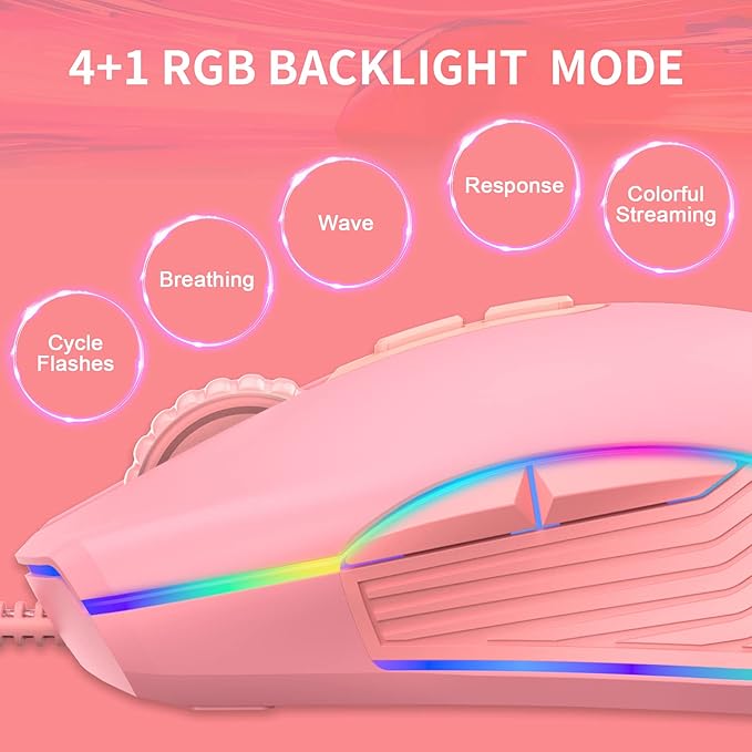IULONEE Type C Mouse, Wired USB C Mice Gaming Mouse Ergonomic 4 RGB Backlight 3200 DPI Compatible with M@c, Matebook, Chromebook, HP OMEN, Windows PC, Laptop and More USB Type C Devices (Pink)