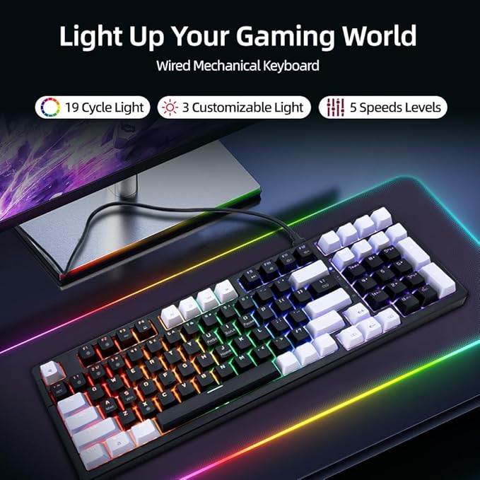 WJX Computer Clicky Keyboard Wired 98 Full Key Compact RGB keyboard with 19 Modes Mechanical Gaming Keyboard for PC & Mac, Hot-Swappable Red Tactile Mechanical Switch, USB-C control PBT Keycaps（Black）