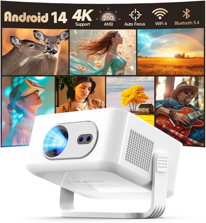 2025 Android 14 Smart Projector 4K & 8K Support, Protable Projector with WiFi 6 and Bluetooth 5.4, Auto Focus & Vertical Keystone, 180°Rotatable, Mini Proyector for Outdoor Home HY300Max