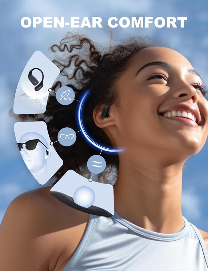Bluetooth Headphones, Open Ear Headphones V5.4 Ture Wireless Earbuds with Earhooks, 6.7g Lightweight for All-Day Comfort, IPX7 Waterproof Ear Buds for Workouts Running Office Driving