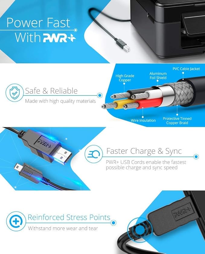 12Ft Extra Long USB-Printer-Cable 2.0 for HP OfficeJet Laserjet Envy, Canon Pixma, Epson Workforce, Stylus, Expression Home, Brother, Silhouette Cameo, Dell Scanner Fax Cord