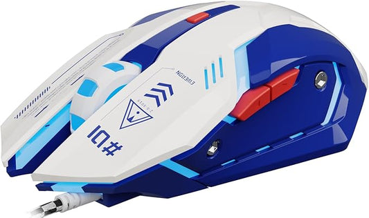 EWEADN G10 Wired Gaming Mouse, Computer Mouse with RGB Backlit, 3200 DPI Adjustable, Quiet Clicks, Ergonomic Wired Mouses with 6 Buttons and 4.2FT Cord, USB Mouse for PC/Win/Laptop, White-Blue