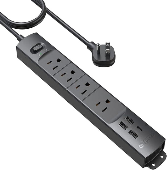 TROND Surge Protector Power Strip with USB, Ultra Thin Flat Plug 6ft Long Extension Cord 1625W, 3 USB A & 1 Type C, 4 AC Outlets 1440J Surge Protection Wall Mount for Home Office Dorm Room, Black