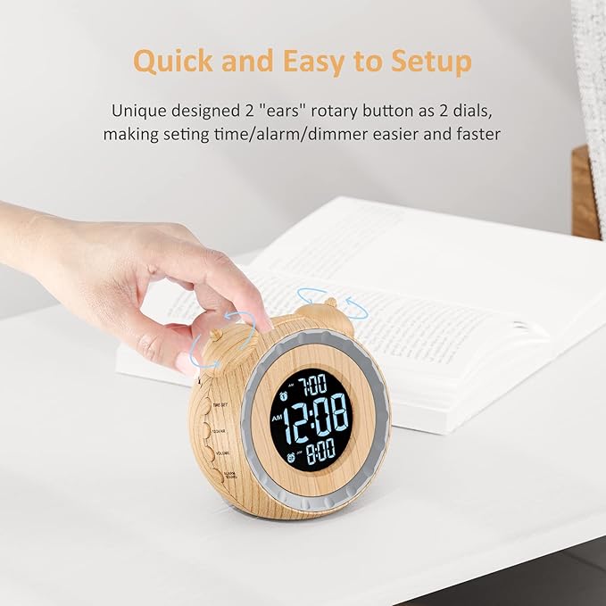 uscce Dual Extra Loud Alarm Clock with Bed Shaker - 0-100% Dimmer, Vibrating Alarm Clock for Heavy Sleepers or Hearing Impaired, Easy to Set, Snooze, Battery Backup, Wake with a Shake(Wood Grain)