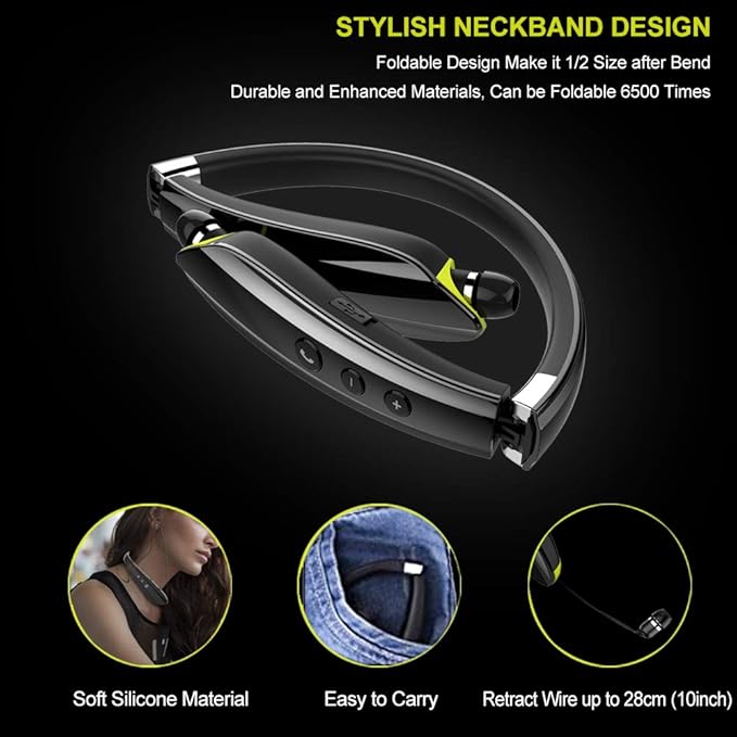 Bluetooth Headphones, Upgraded Foldable Wireless Neckband Headset with Retractable Earbuds, Noise Cancelling Stereo Earphones with Mic for Workout, Running, Driving (with Carry Case)