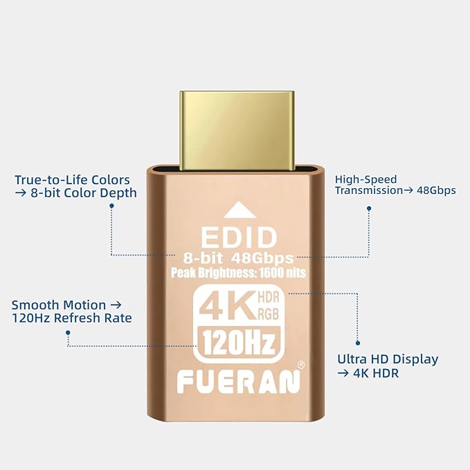 4K 120Hz HDMI 2.1 Dummy Plug – High-Resolution Virtual Display Emulator for PC, VR Headsets & Cryptocurrency Mining EDID Headless Ghost Display Adapter (4K/120Hz-HDR/8bits-9P)