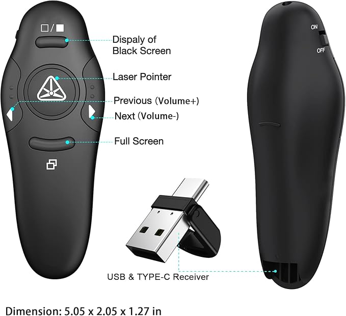 2-in-1 USB Type C Presentation Clicker Wireless Presenter Remote Clicker for PowerPoint Presentations with Laser Pointer, Rechargeable USB C PowerPoint Clicker Slide Advancer for Computer/Mac/Laptop