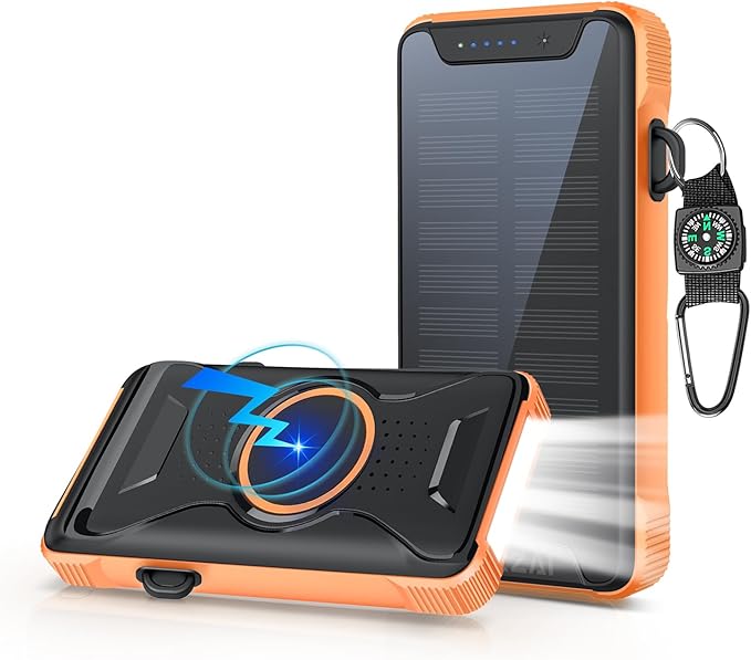 Lekzai Solar Power Bank, Real Rated 10,000mAh Portable Wireless Fast Charger USB-C PD 20W, External Battery Pack with LED Flashlight for Outdoor, Camping -Orange
