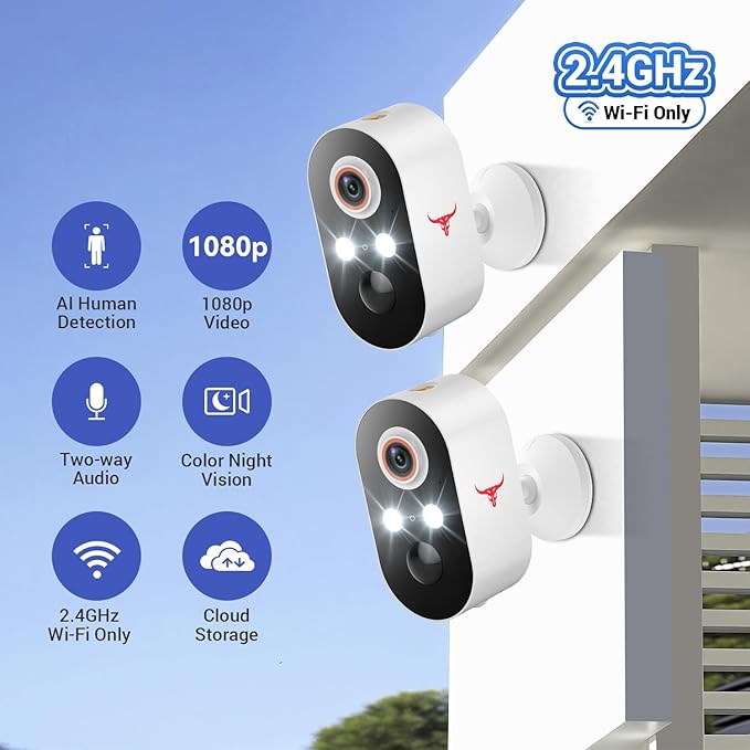 1080p Wireless Security Camera, 2.4GHz Wi-Fi Only, Color Night Vision, AI Human Detection, PIR Motion Detection, 2-Way Talk, Outdoor Surveillance Bullet Cam, No Solar Panel Included (2 Pack)