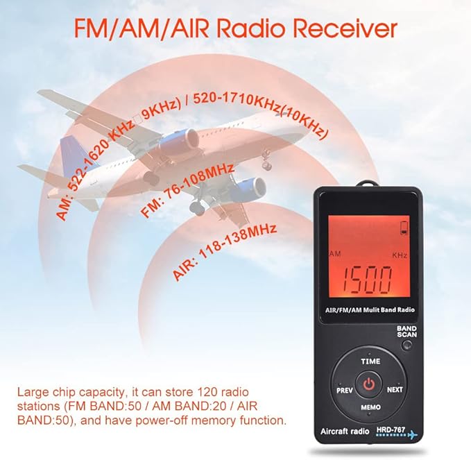 Aircraft Band Radio Receiver, Hand-held AM FM Portable FM/AM/AIR Band Radio with Backlit LCD Display, Earphone and Sleep Timer, Built‑in 400mAh Lithium Battery
