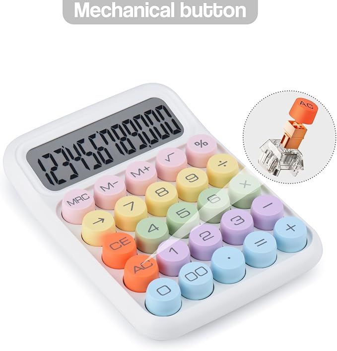 Mechanical Pushbutton Calculator,12 Digit Large LCD Display,Big Buttons Easy to Press,Colorful Candy Calculator,Automatic Sleep,with Battery.for Office,School, Home. (White)