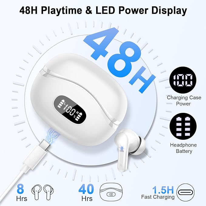 Wireless Earbuds, Bluetooth Headphones 5.4 HiFi Stereo, Ear Buds with 4 ENC Noise Cancelling Mics, 48H Bluetooth Earbuds with Dual LED Display, IP7 Waterproof in Ear Earphones for Android iOS, White