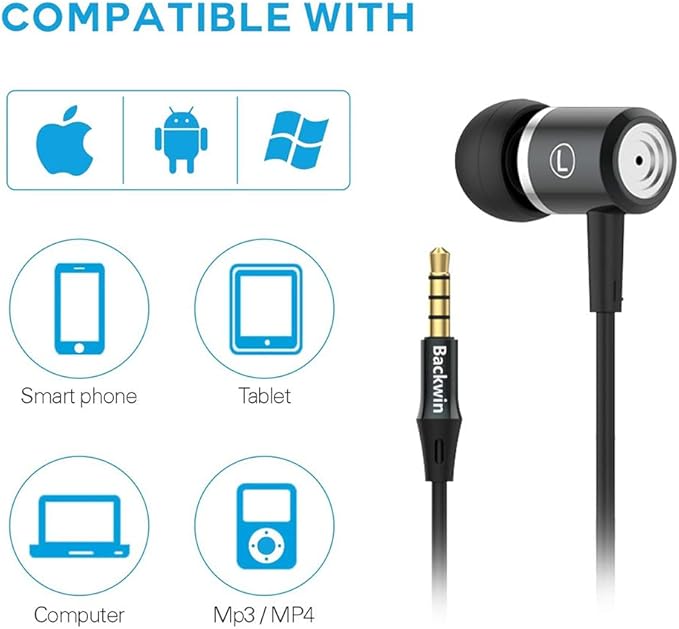 Wired in-Ear Headphones with Mic Volume Control Noise Cancelling Earbuds with Microphone Powerful Bass Earphones 3.5mm Jack for iOS Android Smartphones (Black)