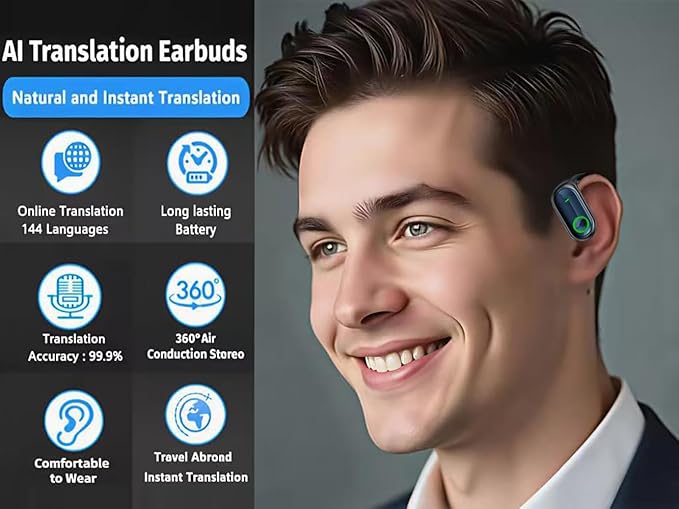 Ai Translation Earbuds Headphones Real Time 144 Languages Audifonos Traductores Inglés Español, Open Ear Wireless Earphones Perfect for Travel, Business & Language Learning,Dark Blue