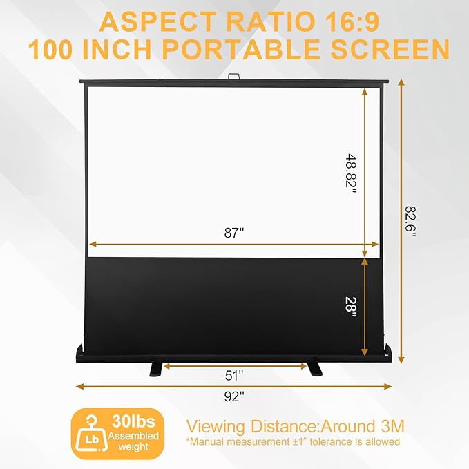 LIHONG Floor Rising Projector Screen Indoor & Outdoor 16:9 HD Portable Matte White Projection Screen for Long Standard Projector Fast Setup for Movies, Office Presentations & More (100 Inch/16:9)