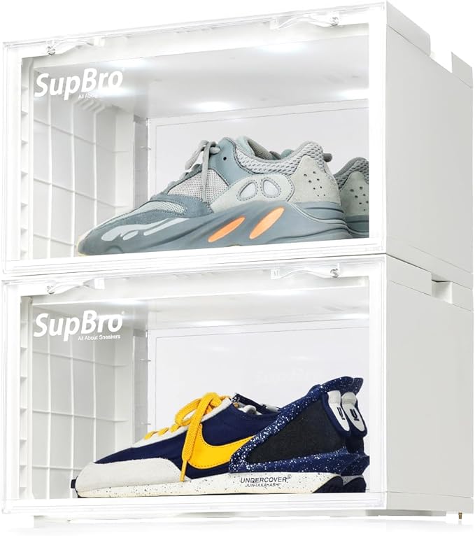 SupBro Led Collection Crate - Voice Control - Easy Access Storage Shoes box, Stackable Shoe Storage with clear plastic door for sneakers - (11.2 x 14.9 x 8.8 inch (2pack), White)