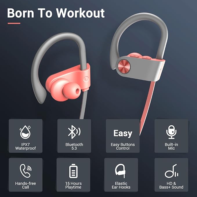 Bluetooth Headphones, Bluetooth 5.3 IPX7 Waterproof Wireless Sports Earbuds for Workout Gym, 16 Hrs Playtime Running Headphones with Noise Cancelling Mic, HiFi Bass Stereo in-Ear Earphones
