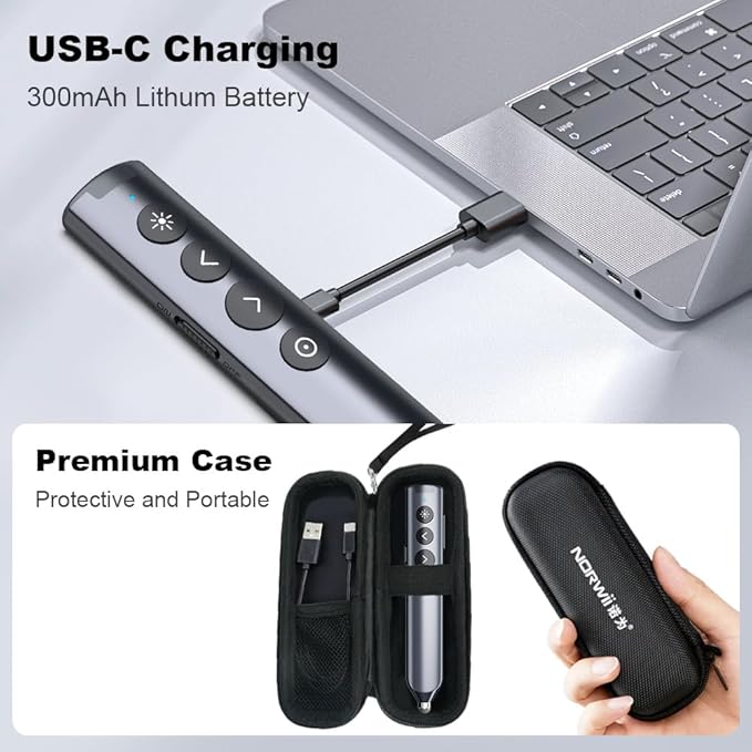 Norwii N10 Bluetooth Presentation Remote with Stylus Pen for Touch Screen, Advanced Digital Highlighting Presenter Clicker, 50M Range Metal Shell