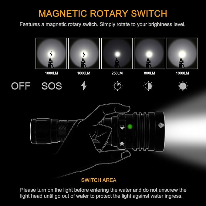 1800LM Dive Light Scuba Diving Flashlight,Super Bright Rechargeable Diving Flashlight with Magnetic Switch, 5 Modes Waterproof Underwater Light (100m/330ft) for Night Diving Underwater Photography