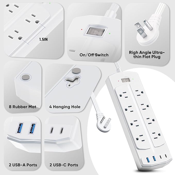 Surge Protector Power Strip, Yozisital Flat Plug Extension Cord with 8 AC Outlets & 4 USB Ports (2 USB-C), 5 FT Power Cord, 1200 Joules, Wall Mount, Desk Charging Station for Home Office, White