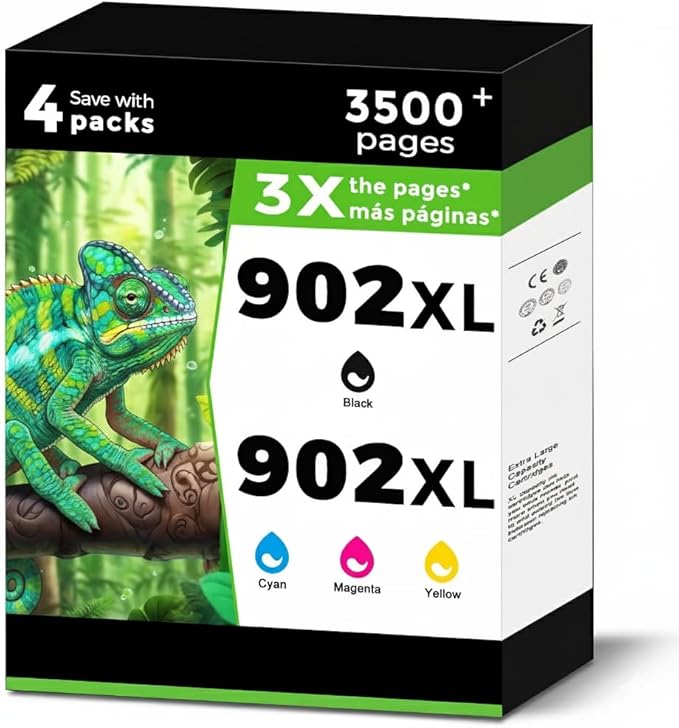 902 XL Replacement for HP 902XL Ink Cartridges Combo Pack 4 Pack for OfficeJet 6968 6978 4-Pack 6960 6962 6963 6964 6966 6970 6971 6974 6975 6978 6950 6954 6956 6958 6951 6961 Printers for HP902 KCMY