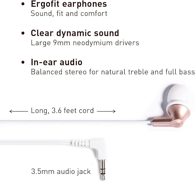 Panasonic ErgoFit Wired Earbuds, 3.5mm Jack In-Ear Headphones Wired with Dynamic Crystal-Clear Sound and Soft Ergonomic Custom-Fit Earpieces (S/M/L), for Phones and Laptops - RP-HJE120-N (Rose Gold)