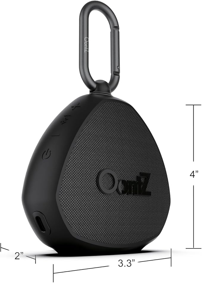 Oontz Mini Bluetooth Speaker 5.0-5W Sound, 12-Hr Battery, 100ft Wireless Range, IPX7 Waterproof, Budget-Friendly Small Portable Clip On Speaker for Shower, Travel, Party, Outdoor or Home (Black)