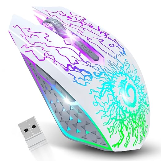 VersionTECH. Wireless Gaming Mouse, Rechargeable Computer Mouse Mice with Colorful LED Lights, Silent Click, 2.4G USB Nano Receiver, 3 Level DPI for PC Gamer Laptop Desktop Chromebook Mac-White