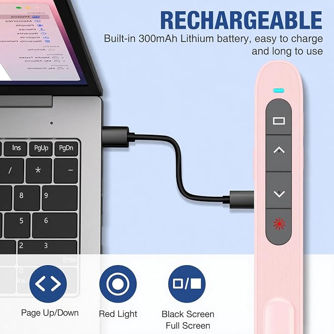 DinoFire Wireless Presentation Remote Presenter, RF 2.4GZ USB C Rechargeable Slide Clicker for Powerpoint Presentations for Laptop/Computer-Pink