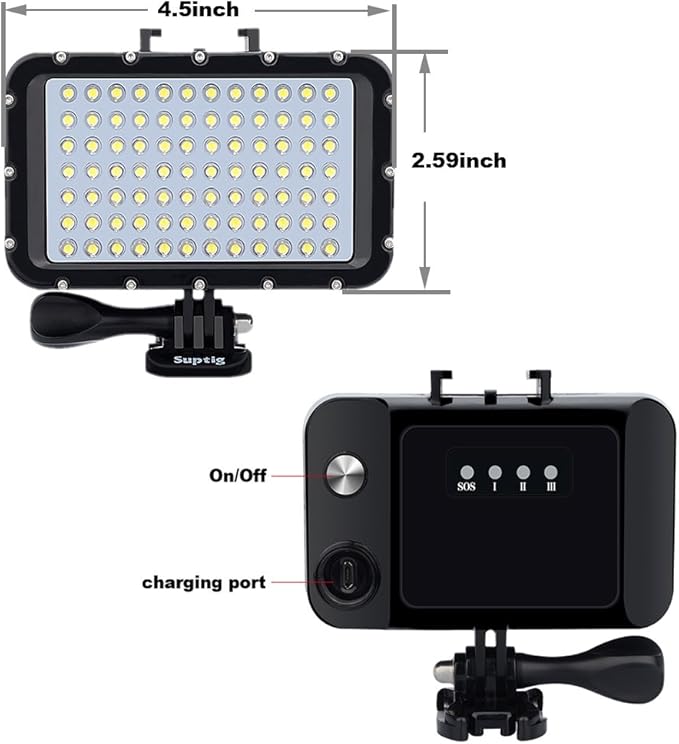 Suptig Underwater Lights Dive Light 84 LED High Power Dimmable Waterproof LED Video Light Waterproof 164ft(50m) for Gopro Canon Nikon Pentax Panasonic Sony Samsung SLR Cameras Black