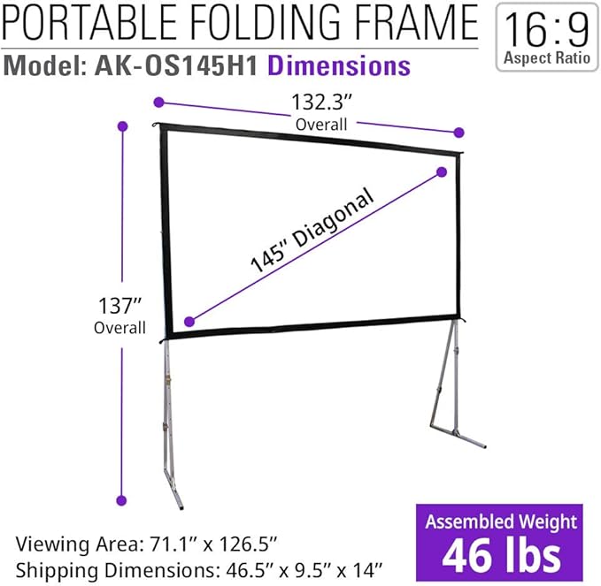 Akia Screens 145 inch Portable Outdoor Projector Screen with Stand and Bag 16:9 8K 4K Ultra HD 3D Adjustable Height Foldable Projection Screen Silver for Movie Video Home Theater AK-OS145H1