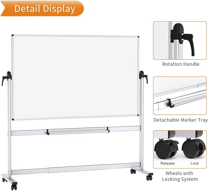 VIZ-PRO Double-Sided Mobile Projection Writing Whiteboard, 72 x 48 Inches, Large Magnetic Rolling Dry Erase Board & Projector Screen with Aluminium Stand