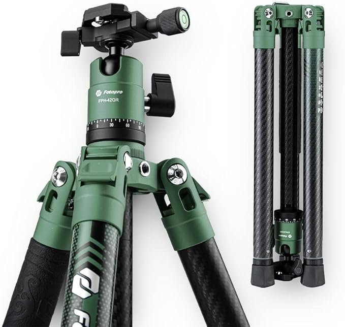 Fotopro 62 Inch Carbon Fiber Tripod for Camera Ultralight Travel Camera Tripod Max Loads Up 22lbs X-Aircross 3 Green