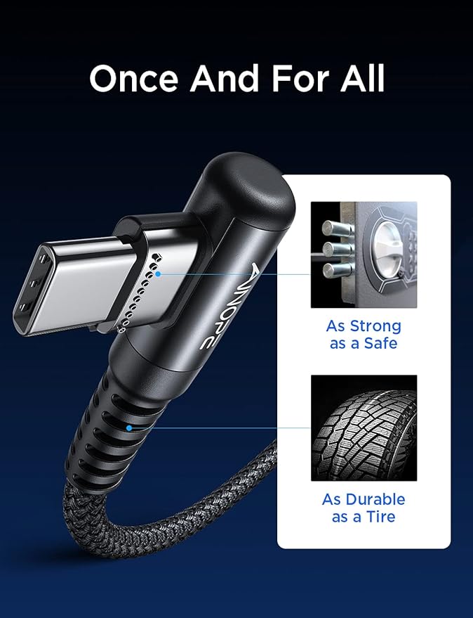 AINOPE USB C Cable 60W 2-Pack 10ft Nylon Braided USB C to USB C Cable Type C Charger Fast Charging Right Angle USBC Cable Charger Cord for iPhone 16 Pro Max 15 Plus Samsung S24 S23 iPad Pro Black