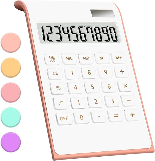 Rose Gold Calculator Office Supplies and Accessories, 10 Digits Solar Battery Basic Office Calculator, Dual Power Desktop Calculator with Large LCD Display, Pink