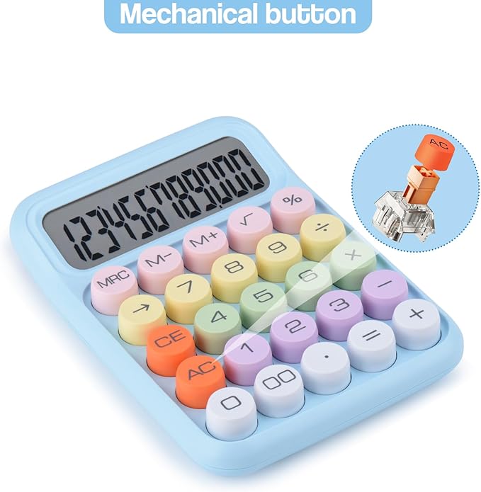 Mechanical Pushbutton Calculator,12 Digit Large LCD Display,Big Buttons Easy to Press,Colorful Candy Calculator,Automatic Sleep,with Battery.for Office,School, Home. (Blue)