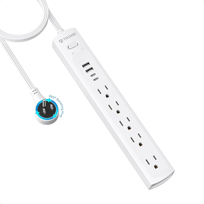 TROND Surge Protector Power Strip with 360° Rotating Flat Plug, 5 Widely Spaced Outlets with 2 USB C and 2 USB A, 1440J Surge Protector, Wall Mountable, Extension Cord 6ft for Home Office Dorm, White