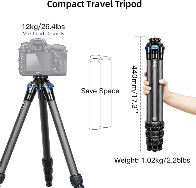 SIRUI 47.2" Carbon Fiber Tripod, Lightweight Compact Camera Tripod for Travel, 4-Section Legs, Twist Locks, Detachable Steel Spikes, Loads up to 26.5lbs/12kg