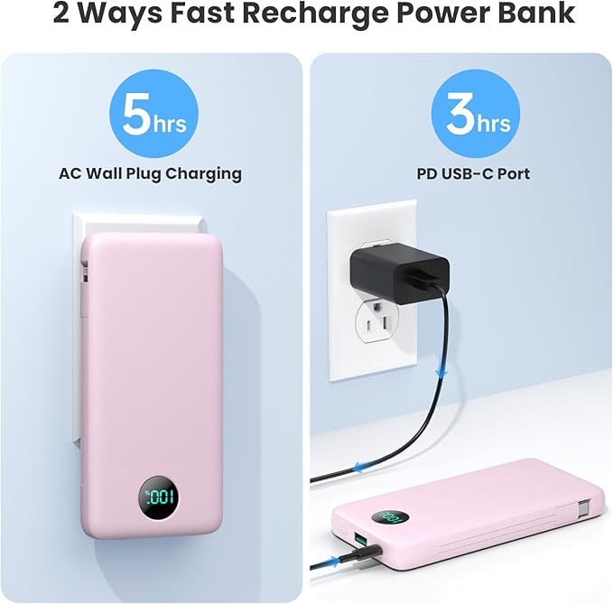 Portable Charger 13800mAh Slim USB C Power Bank with Built in Cables and Wall Plug,LCD Display Lightweight Travel Battery Pack,PD Fast Charging Compatible with iPhone 15,14,Samsung Android-Pink