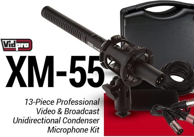 VidPro XM-55 13-Piece Professional Video & Broadcast Unidirectional Condenser Shotgun Microphone Kit - Complete Set Includes 2 Mounts Adapters Cables and More Perfect for Indoor and Outdoor Recording